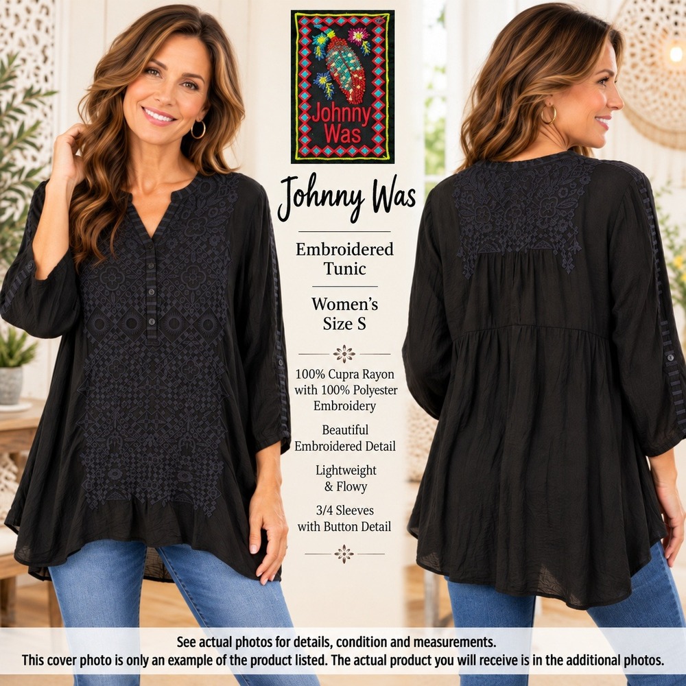 Johnny Was Women S Black Cupra Rayon Embroidered Tunic Blouse Boho #1954